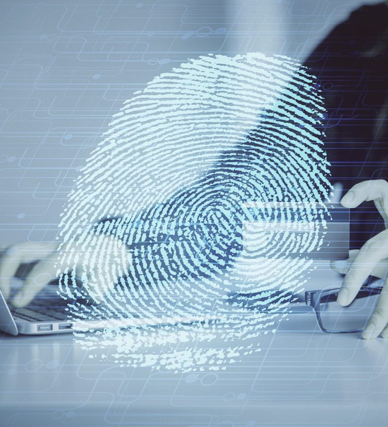 Multi exposure of woman on-line shopping holding a credit card and finger print drawing. Security concept.